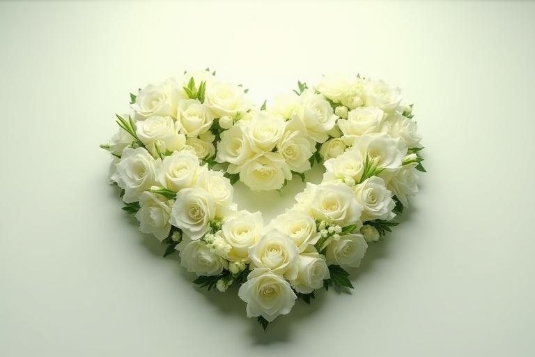 Ett ljust och rofyllt begravningsbinderi format som ett hjärta.