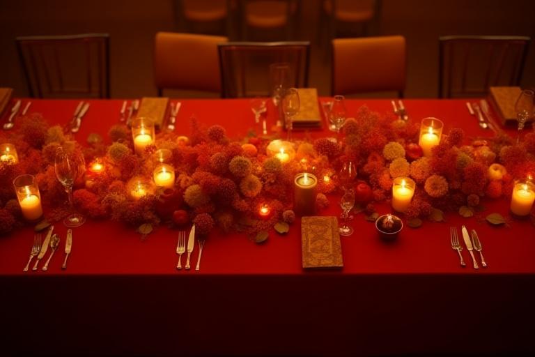 Lång bordsdekoration med höstfärger för ett event.